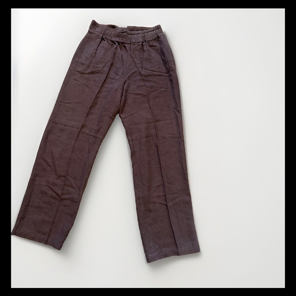 DUSAN brown Sz. L linen elastic waistband straight legs pants Italy
